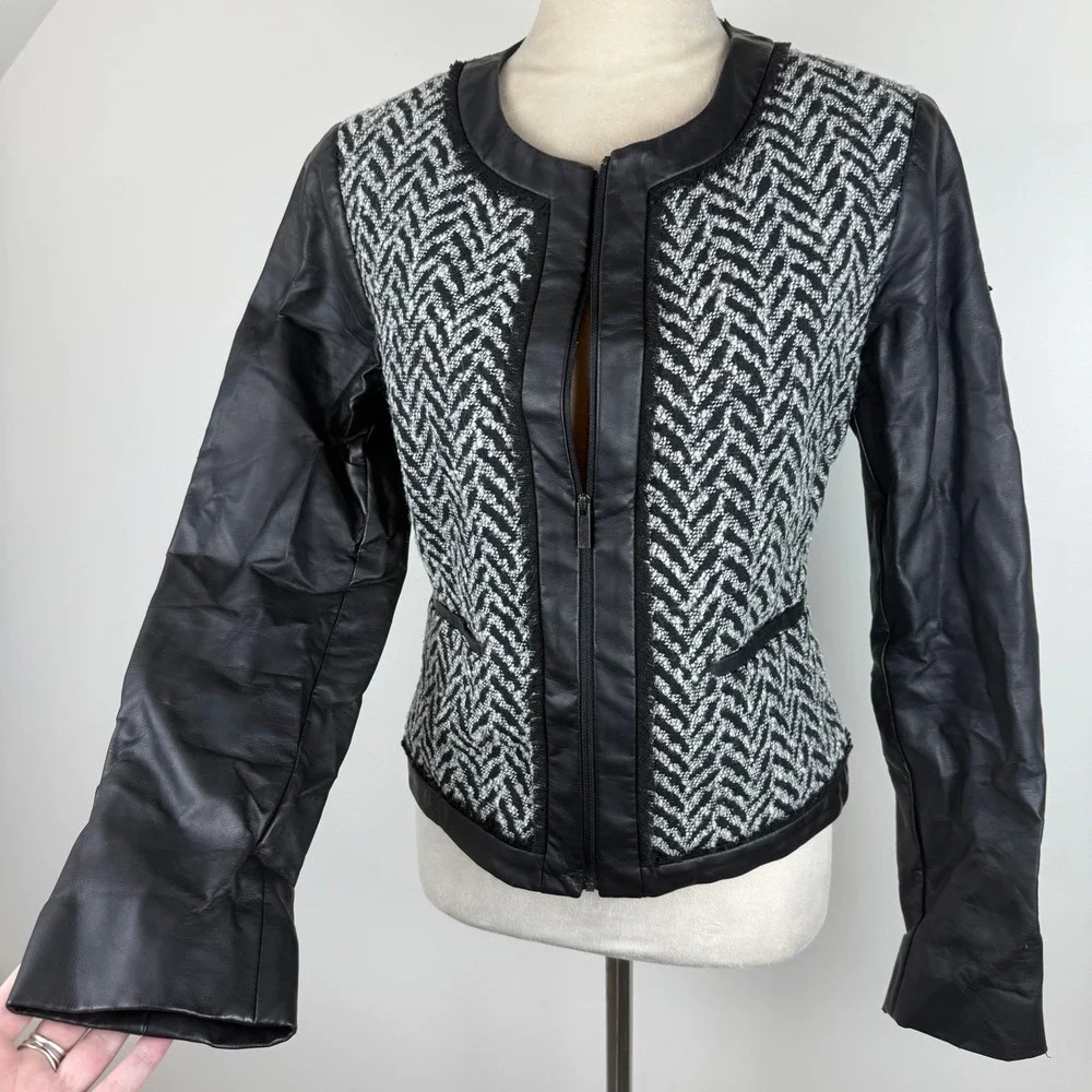 Mossimo Womens Black White Herringbone Tweed Faux Leather Zip Lined Jacket Sz M‎